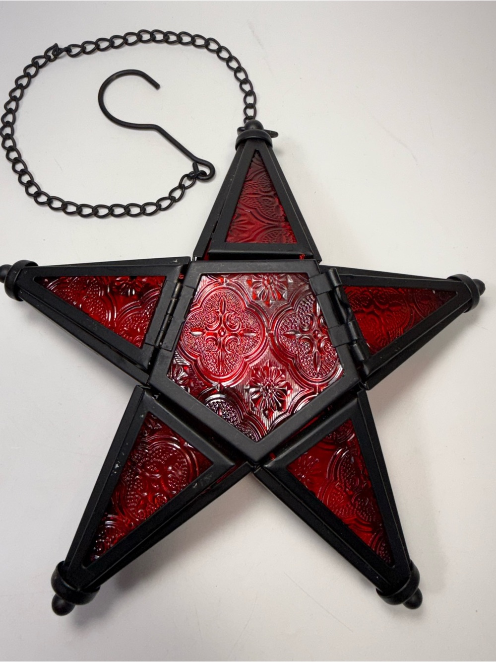 Moroccan Red glass Star Hanging Lantern tea light holder metal frame
